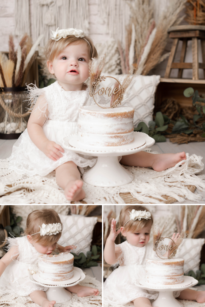 birthday pictures with cake natural neutral colors baby girl toddler party theme