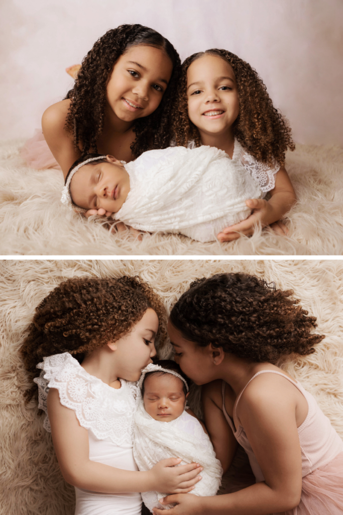 big sisters with newborn baby sister