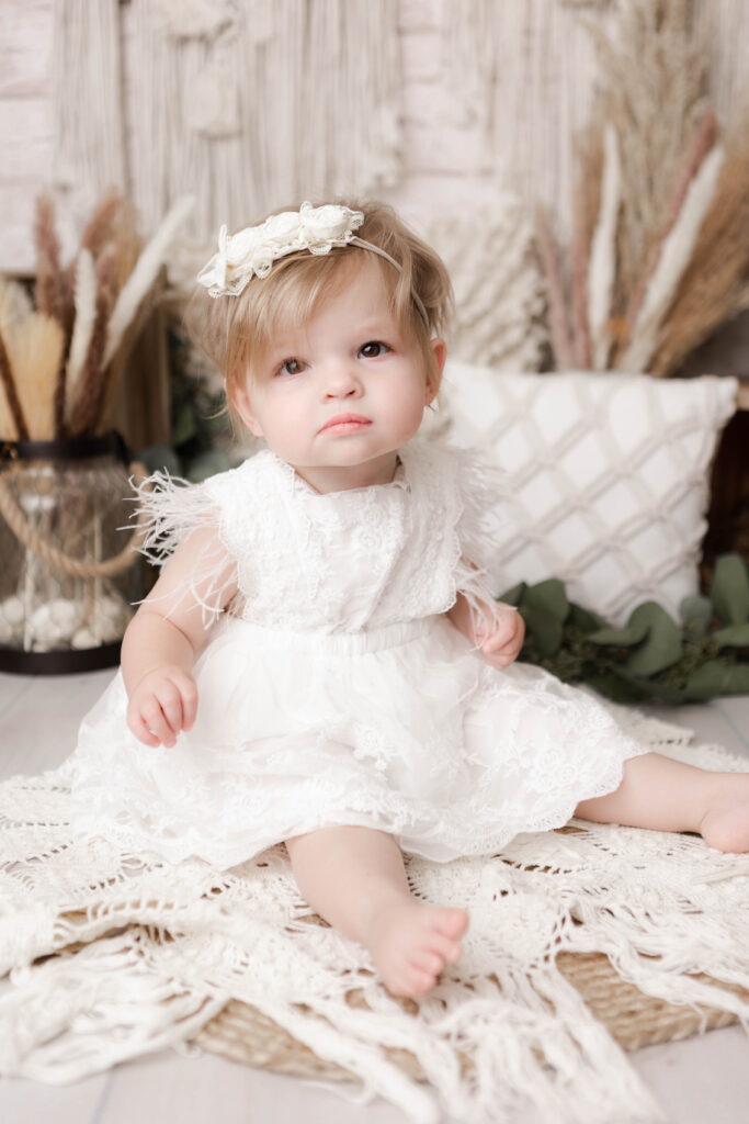 girl photoshoot birthday white lace neutral colors